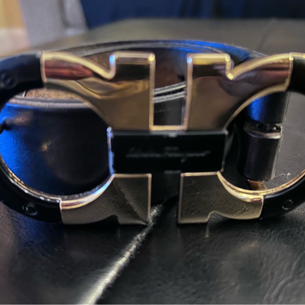 Salvatore Ferragamo Black Leather Belt with Gold Buckle used condition faded